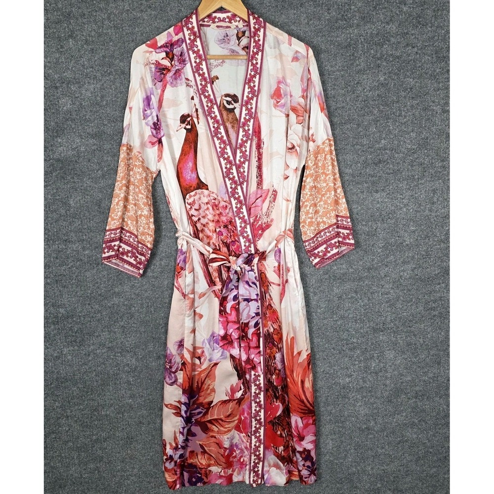 SOMA Silk Blend Kimono Robe Peacock Luxury Lounge Duster Maxi Floral Ivory Red - Picture 3 of 12